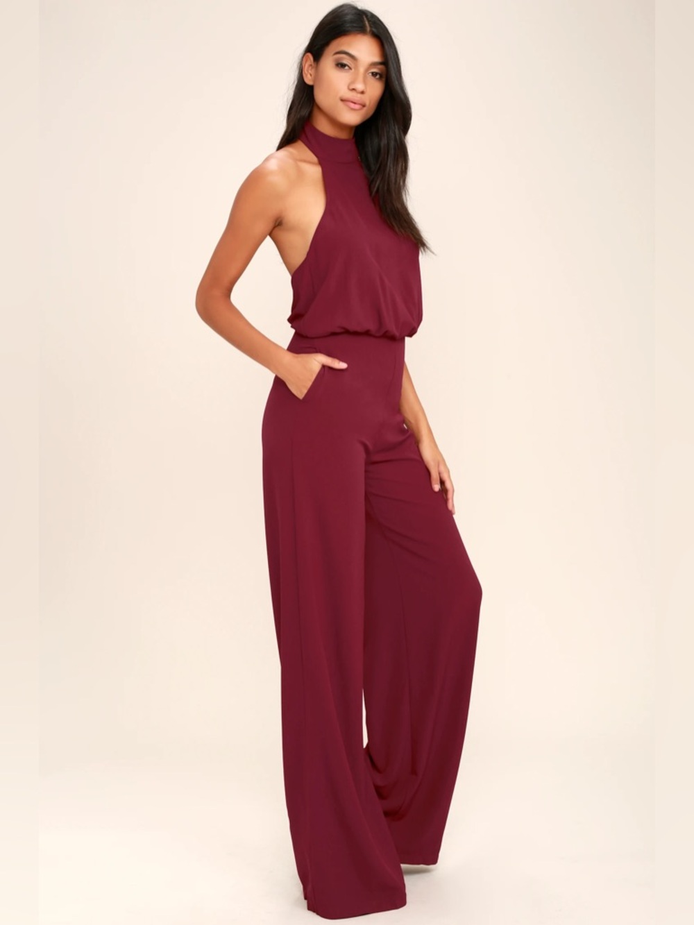 Lulu's Burgundy Halter Wide-Leg Jumpsuit